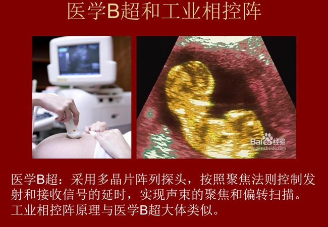 工業相控陣原理與醫學B超大體類似，醫學B超采用多晶片陣列探頭，按照聚焦法則控制發射和接收信號的延時，實現聲束的聚焦和偏轉掃描