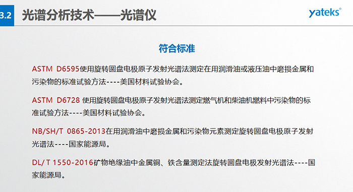 ASTM D6595使用旋轉(zhuǎn)圓盤電極原子發(fā)射光譜法測(cè)定在用潤(rùn)滑油或液壓油中磨損金屬和污染物的標(biāo)準(zhǔn)試驗(yàn)方法----美國(guó)材料試驗(yàn)協(xié)會(huì)。 &nbsp; ASTM D6728 使用旋轉(zhuǎn)圓盤電極原子發(fā)射光譜法測(cè)定燃?xì)鈾C(jī)和柴油機(jī)燃料中污染物的標(biāo)準(zhǔn)試驗(yàn)方法----美國(guó)材料試驗(yàn)協(xié)會(huì)。 &nbsp; NB/SH/T 0865-2013在用潤(rùn)滑油中磨損金屬和污染物元素測(cè)定旋轉(zhuǎn)圓盤電極原子發(fā)射光譜法----國(guó)家能源局。 &nbsp; DL/ T 1550-2016礦物絕緣油中金屬銅、鐵含量測(cè)定法旋轉(zhuǎn)圓盤電極發(fā)射光譜法----國(guó)家能源局。